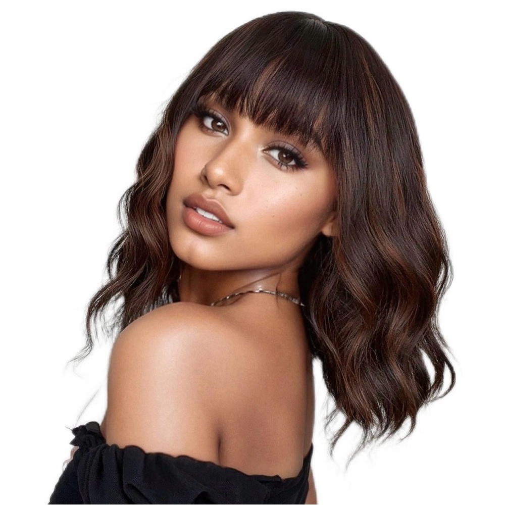Short Bob Wig Brown Mix Orange Carmel Highlights Wavy Wig
